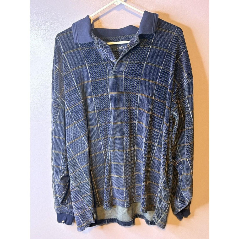 Vtg Chereskin Blue Velour Plaid Textured Knit Long Sleeve Polo Shirt Mens‎ XL